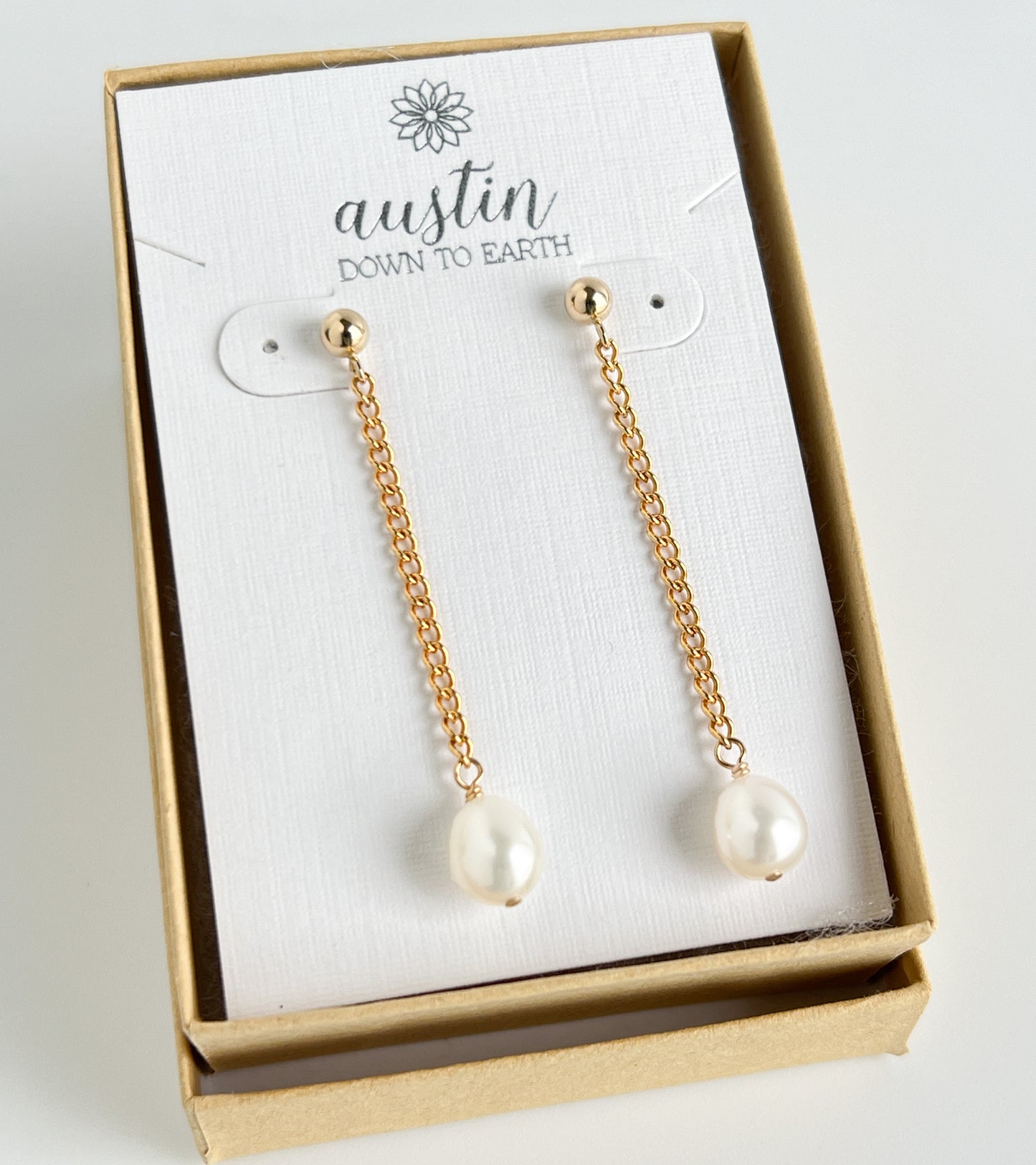 Nicola Long Pearl Dangle Earrings in gift box