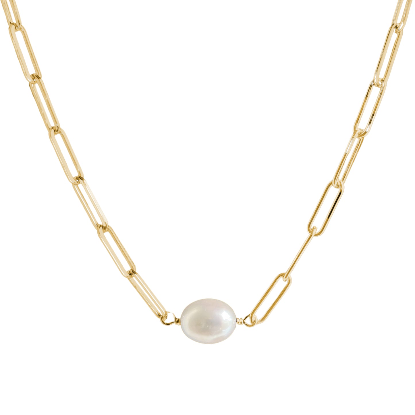 Paper Clip Chain Necklace with Freshwater Pearl