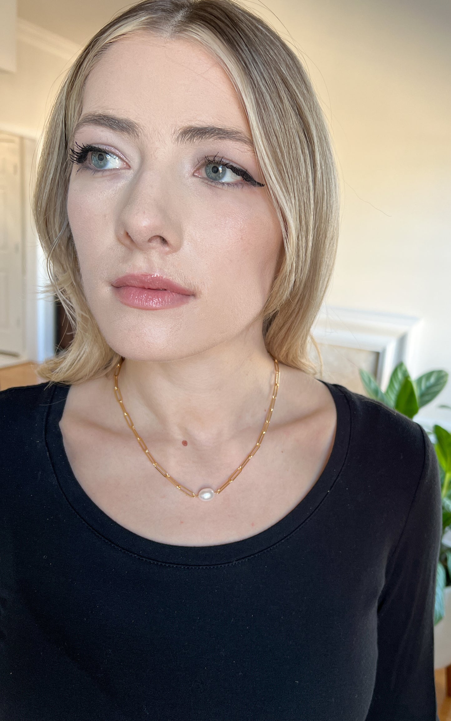Paper Clip Chain Necklace with Freshwater Pearl