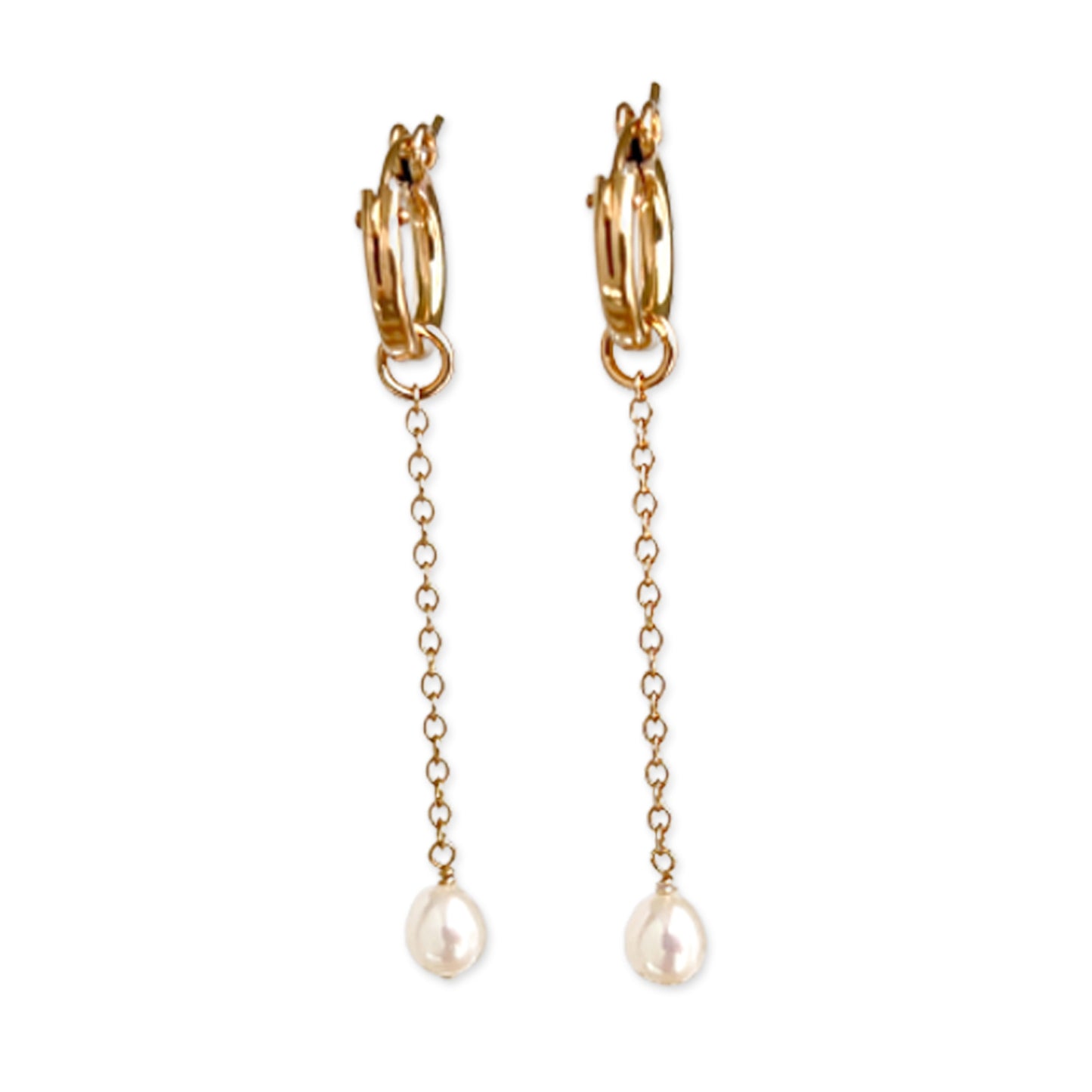 14k gold filled huggie hoops with pearl dangles