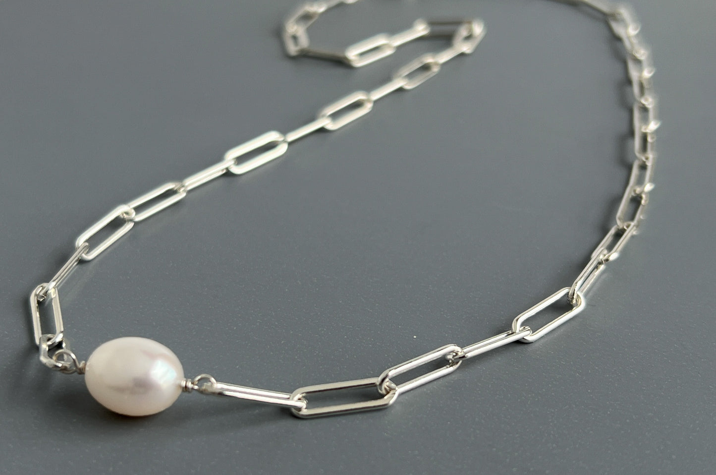 Paper Clip Chain Necklace with Freshwater Pearl