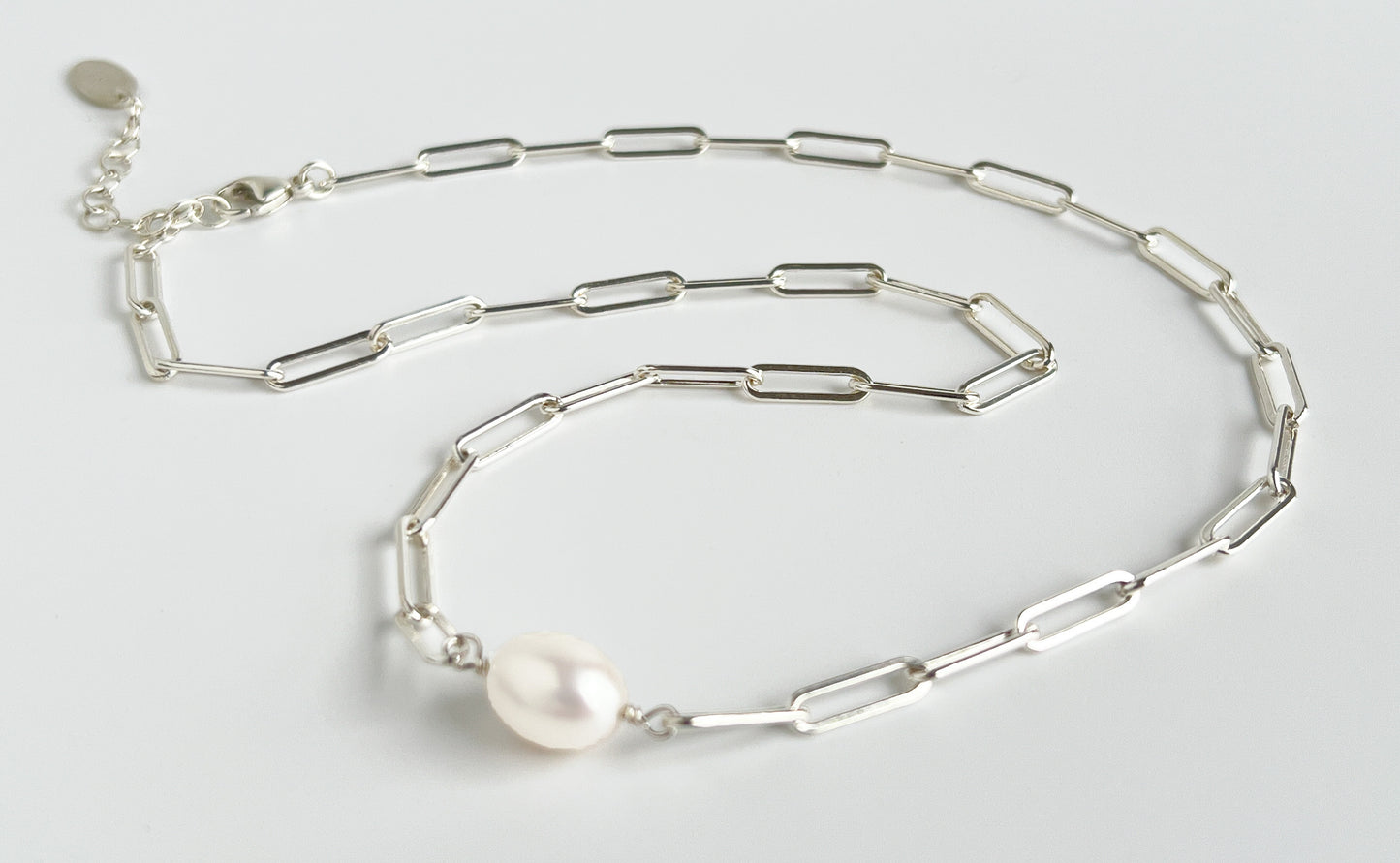 Paper Clip Chain Necklace with Freshwater Pearl