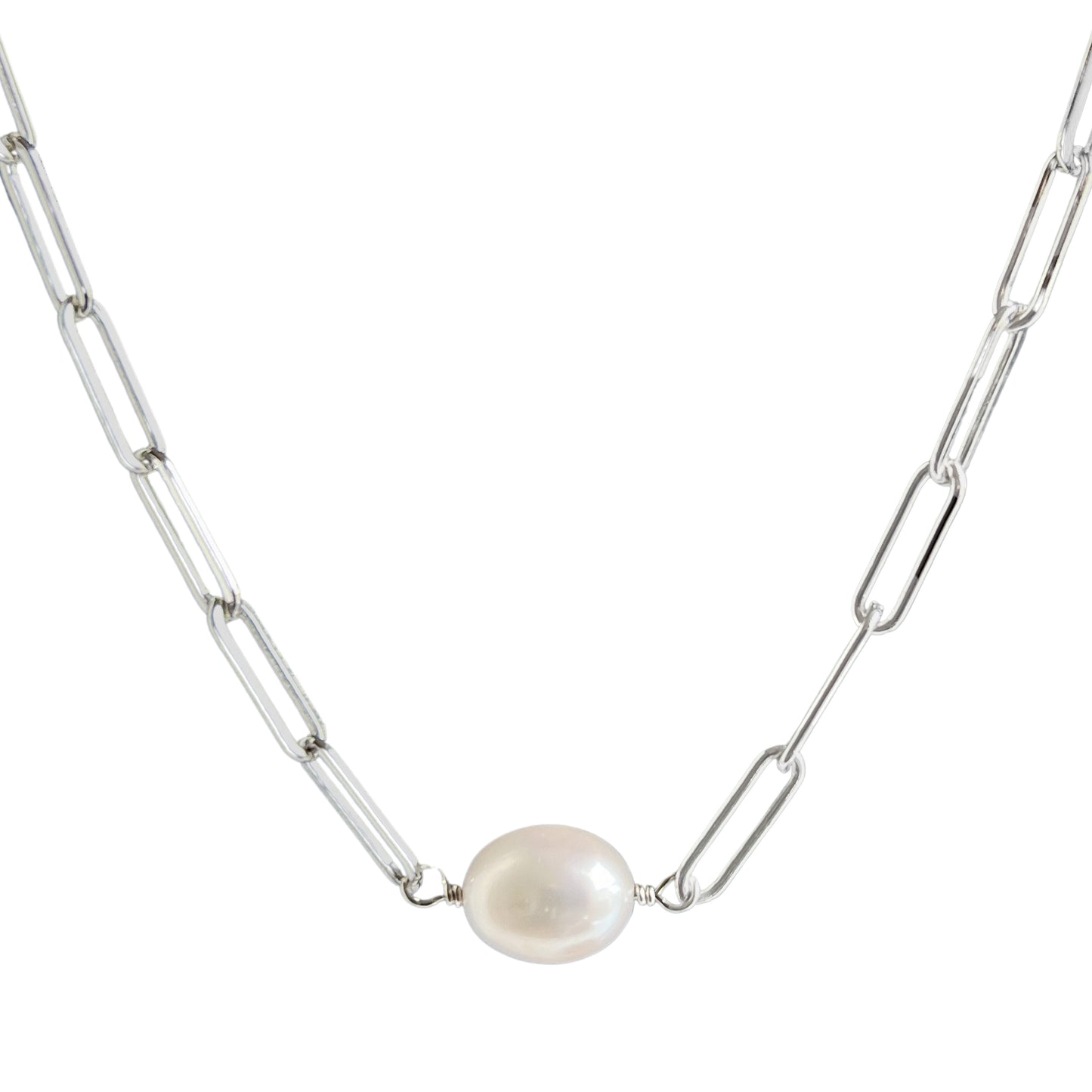 Paper Clip Chain Necklace with Freshwater Pearl