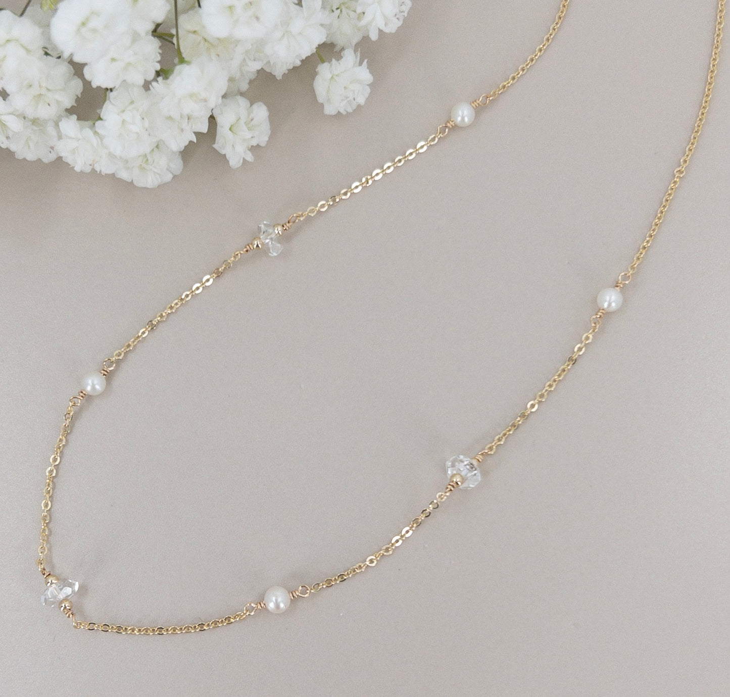 pearl station necklace with herkimer diamond crystals
