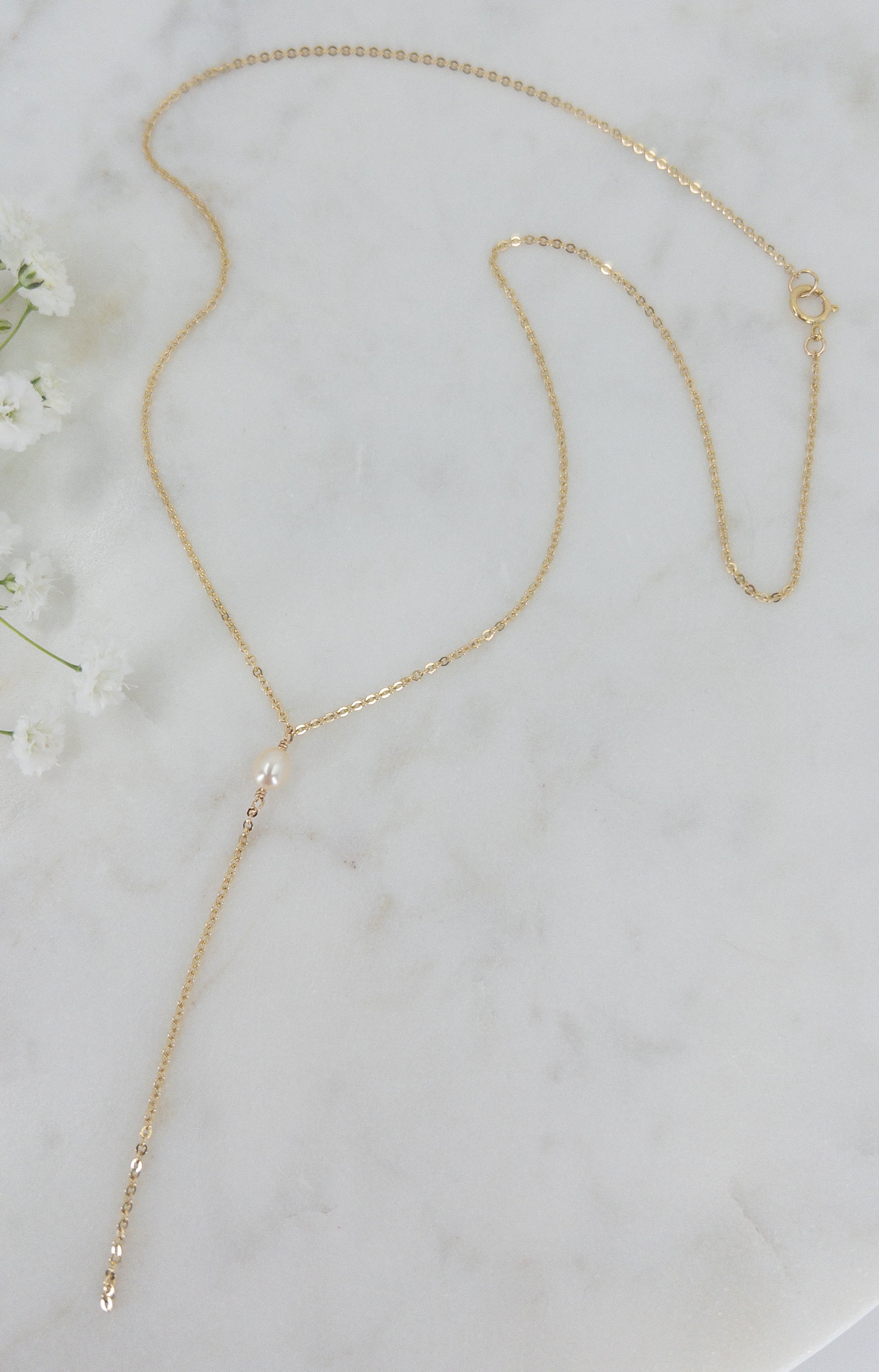 full photo of  pearl Y necklace form Rosa collection in 14k gold filled