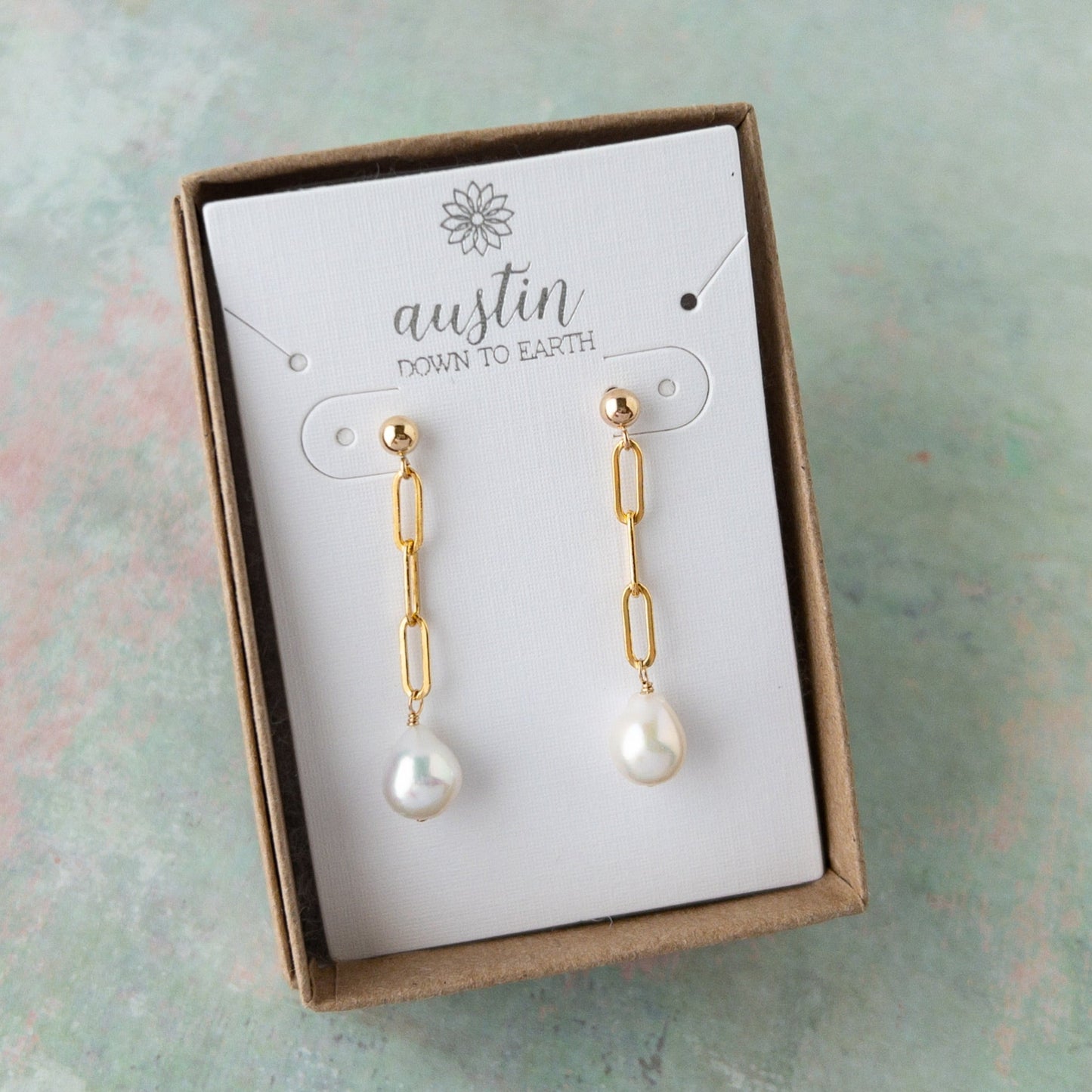 Stud pearl earrings with paperclip chain and baroque pearl shown in gift box