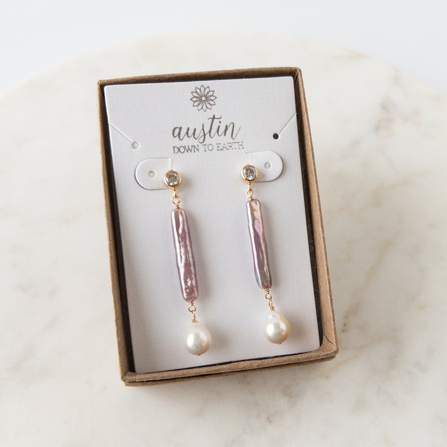 Stud pearl earrings from the Vivara Collection with CZ post earring with dangling lavender stick pearl and baroque pearl