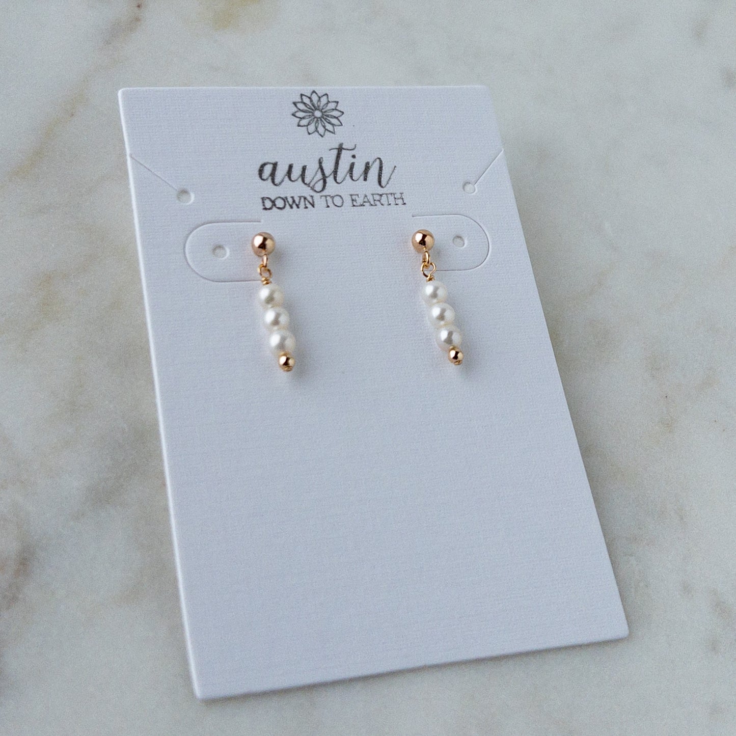 wedding pearl earrings for women shown on Austin Down to Earth earring card