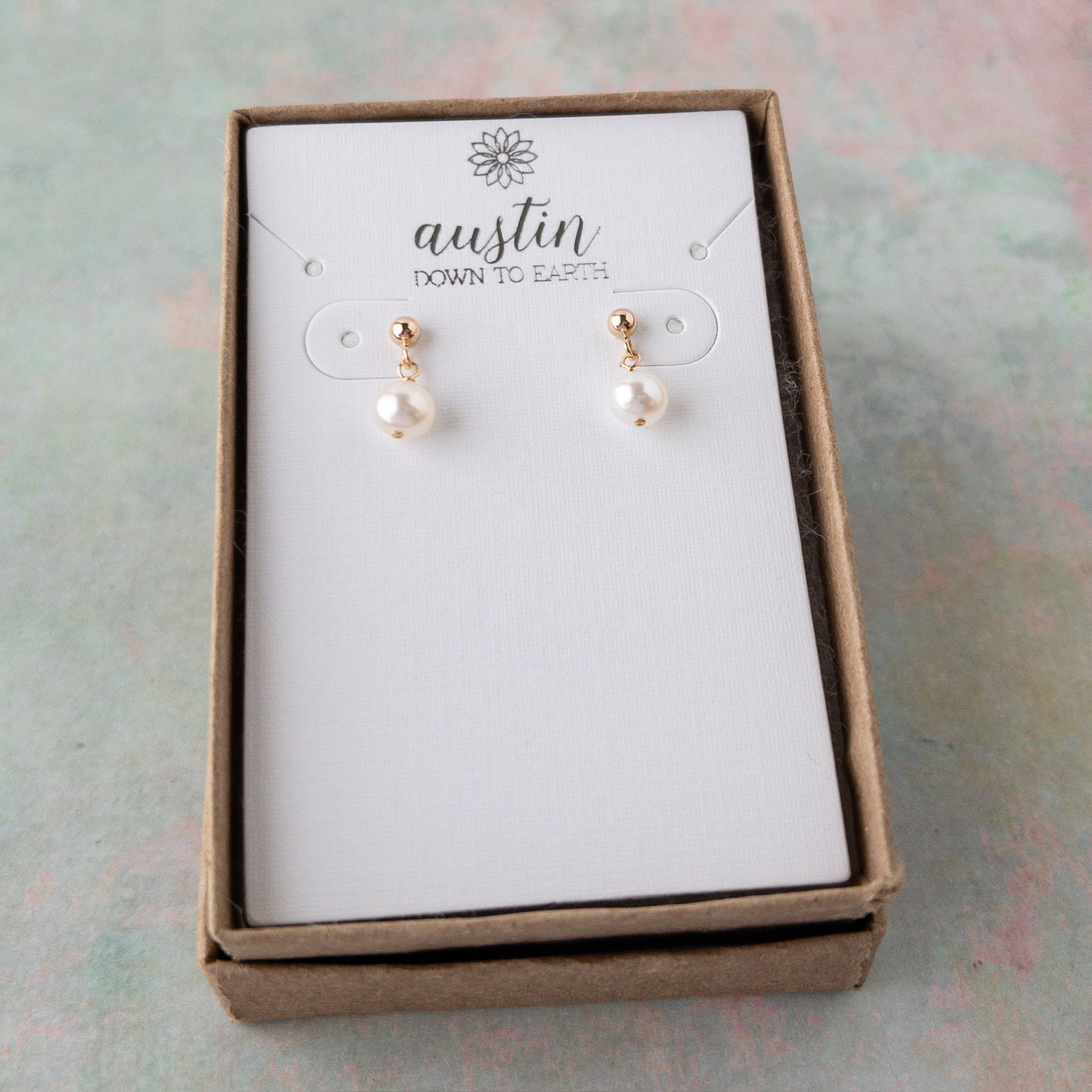 gift box with Lucia dainty pearl drop earrings in 14k gold filled