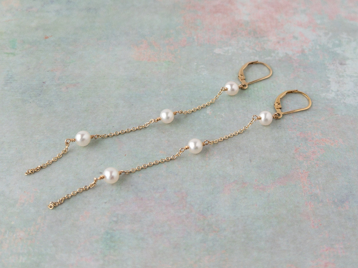 14k gold filled leverback long pearl earrings from the Lucia Collection