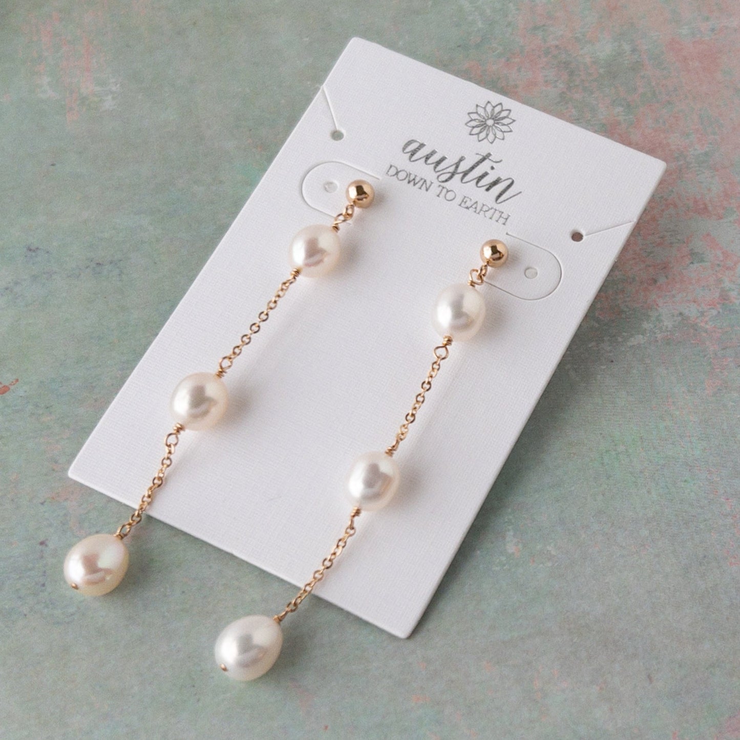 Long Pearl Stud Earrings on Earring Card