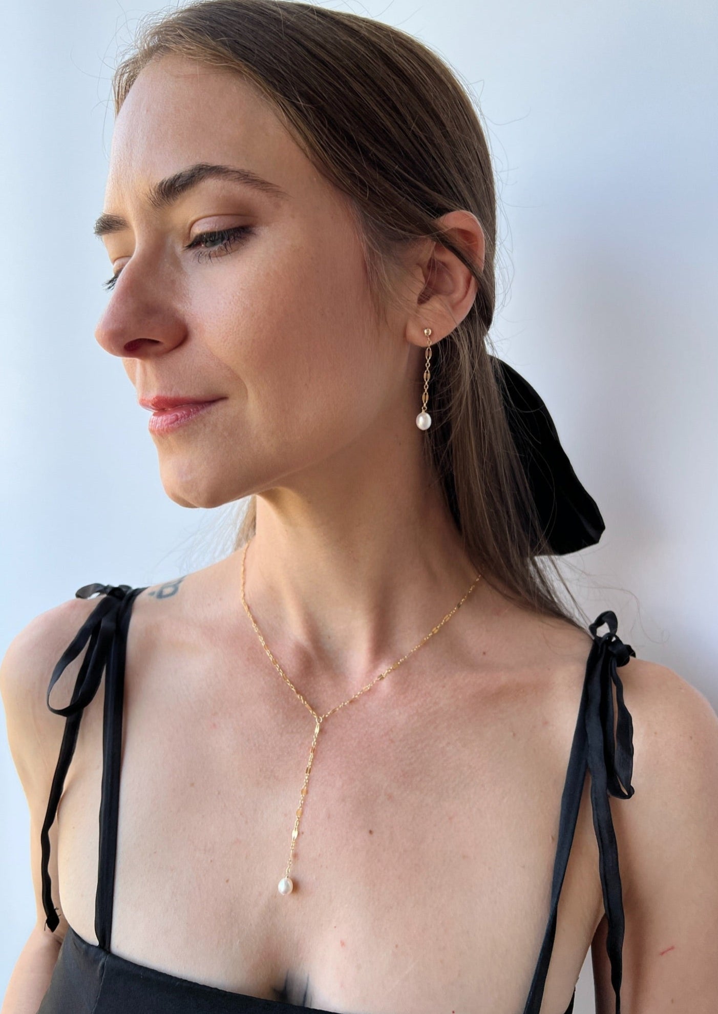 Isabella collction pearl lariat necklace with pearl dangle earrings made in 14k gold filled