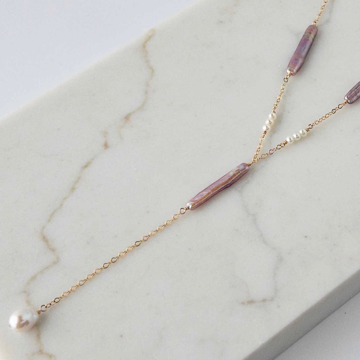 close up of Vivara Pearl Lariat Necklace