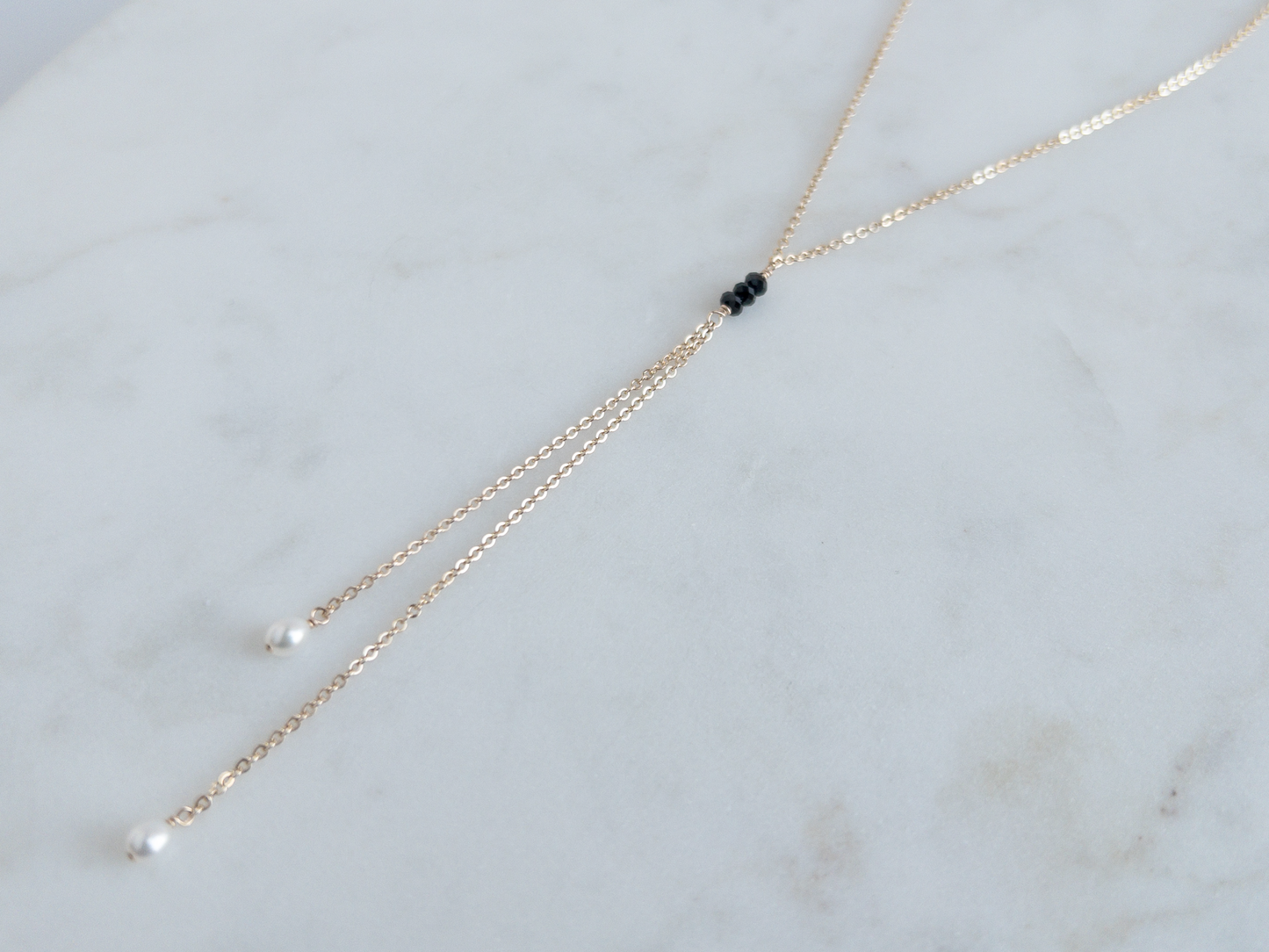 Black Spinel and Pearl Lariat Necklace