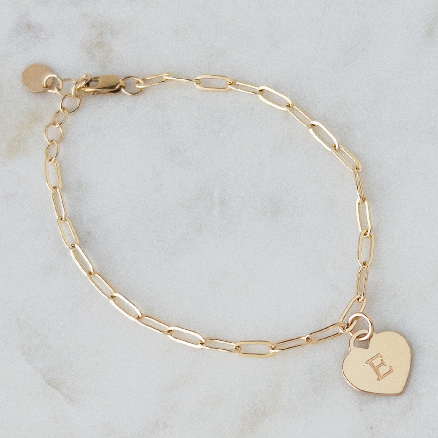 14k gold filled paperclip chain bracelet with engraved heart charm