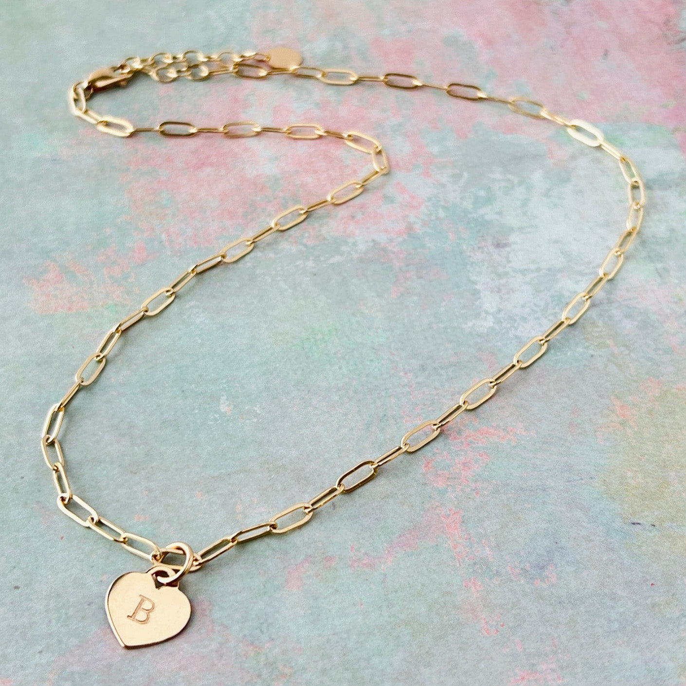 14k gold filled paperclip chain with engraved heart charm