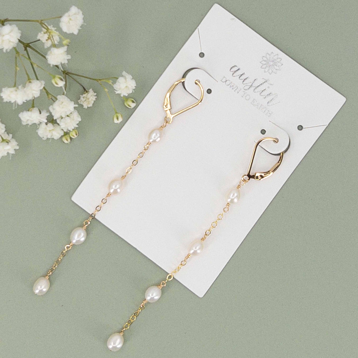 earring card with pair of lever back dangle pearl earrings