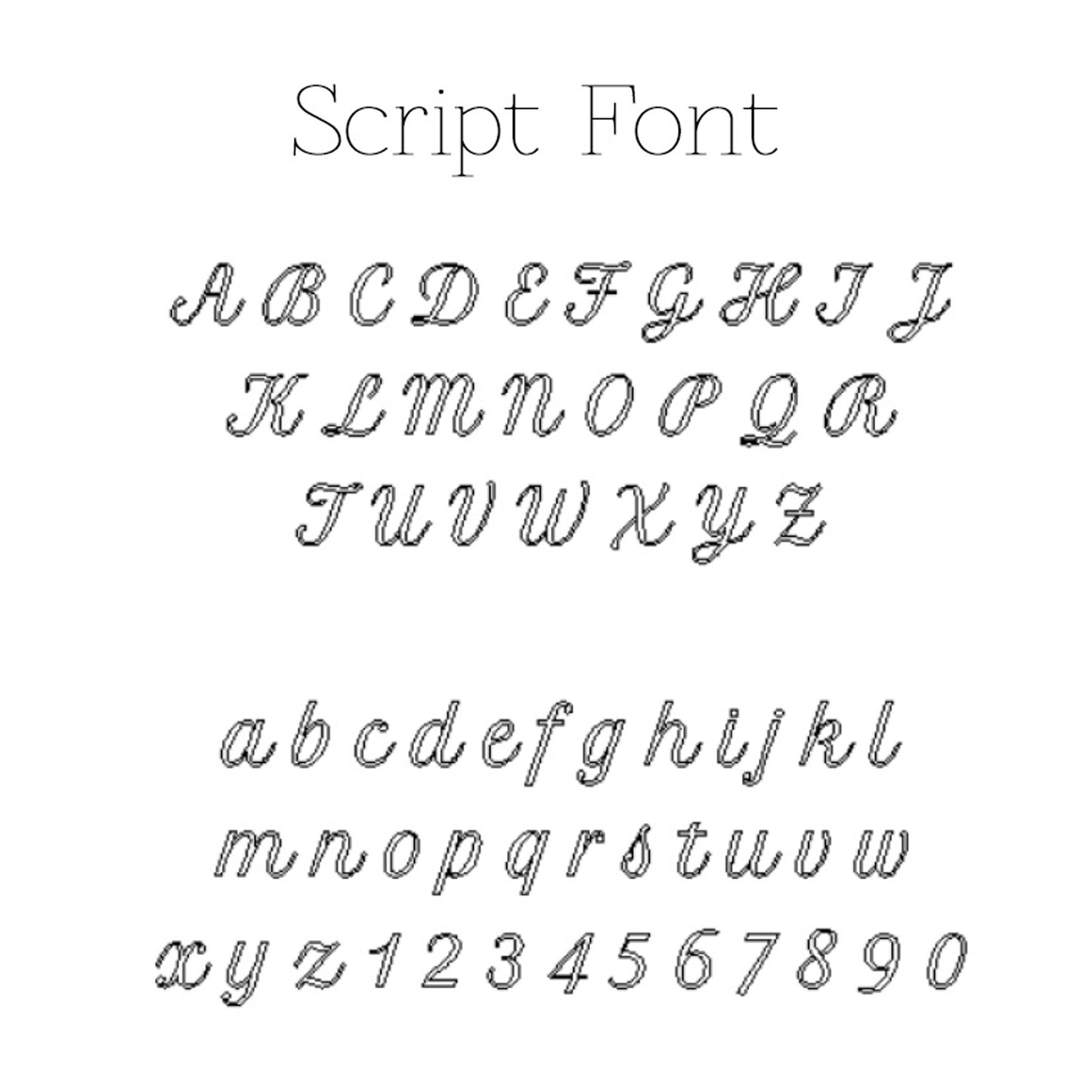 font chart of script letters and numbers