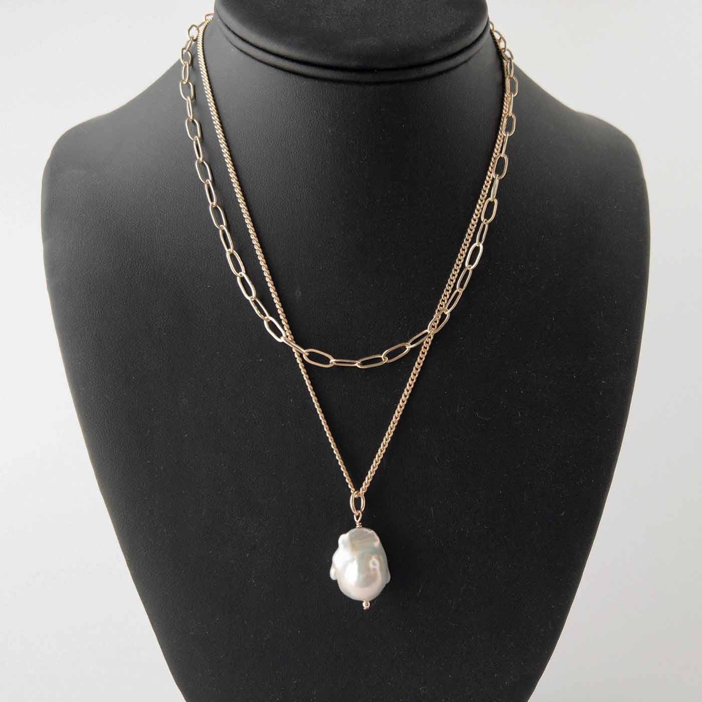 layering idea for large pearl necklace with paperclip chain in 14k gold filled