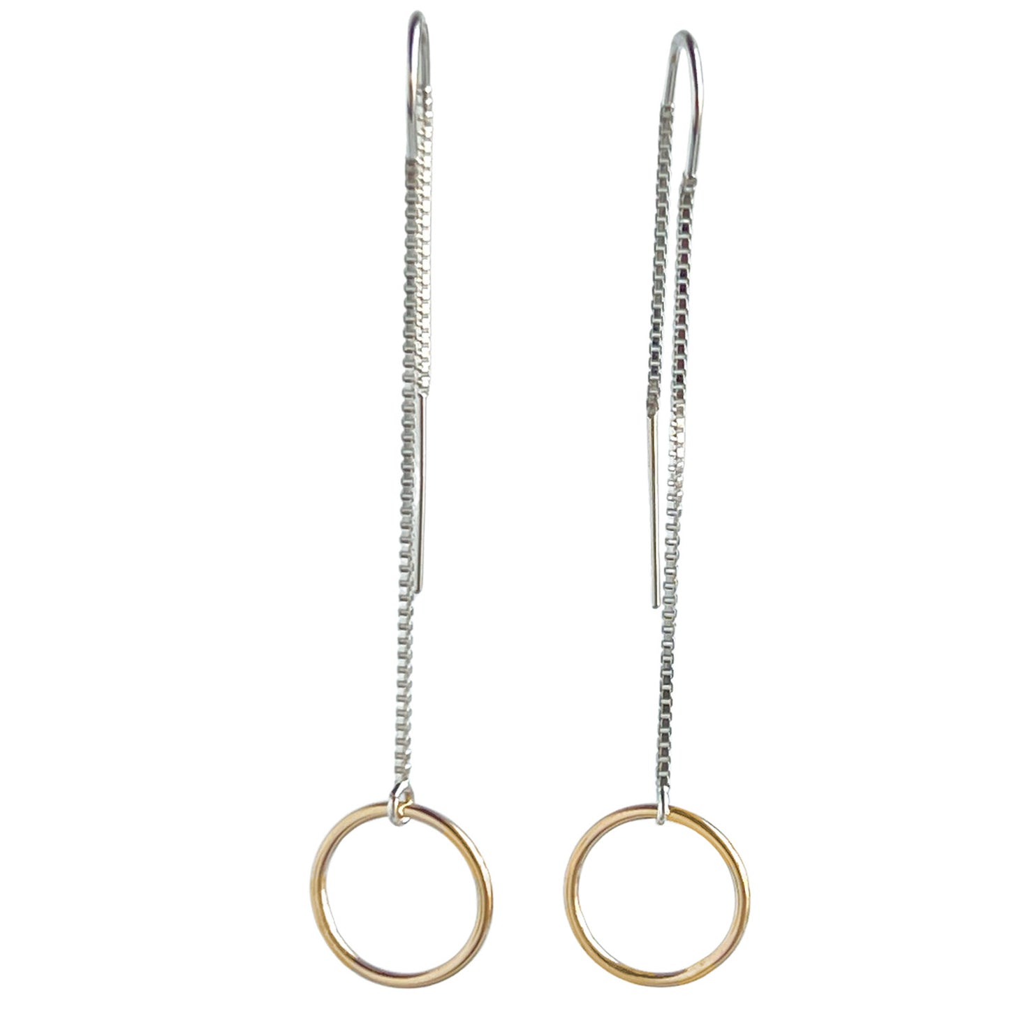 Mixed metal long dangle threader earrings threader is sterling silver and small ring is 12mm 14k gold filled