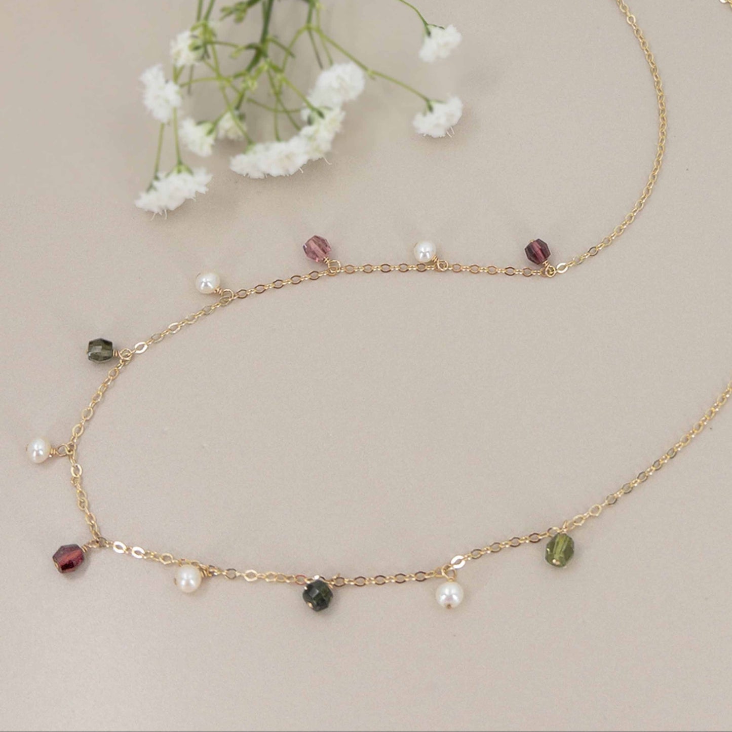 Watermelon Tourmaline and Pearl Dangle Necklace