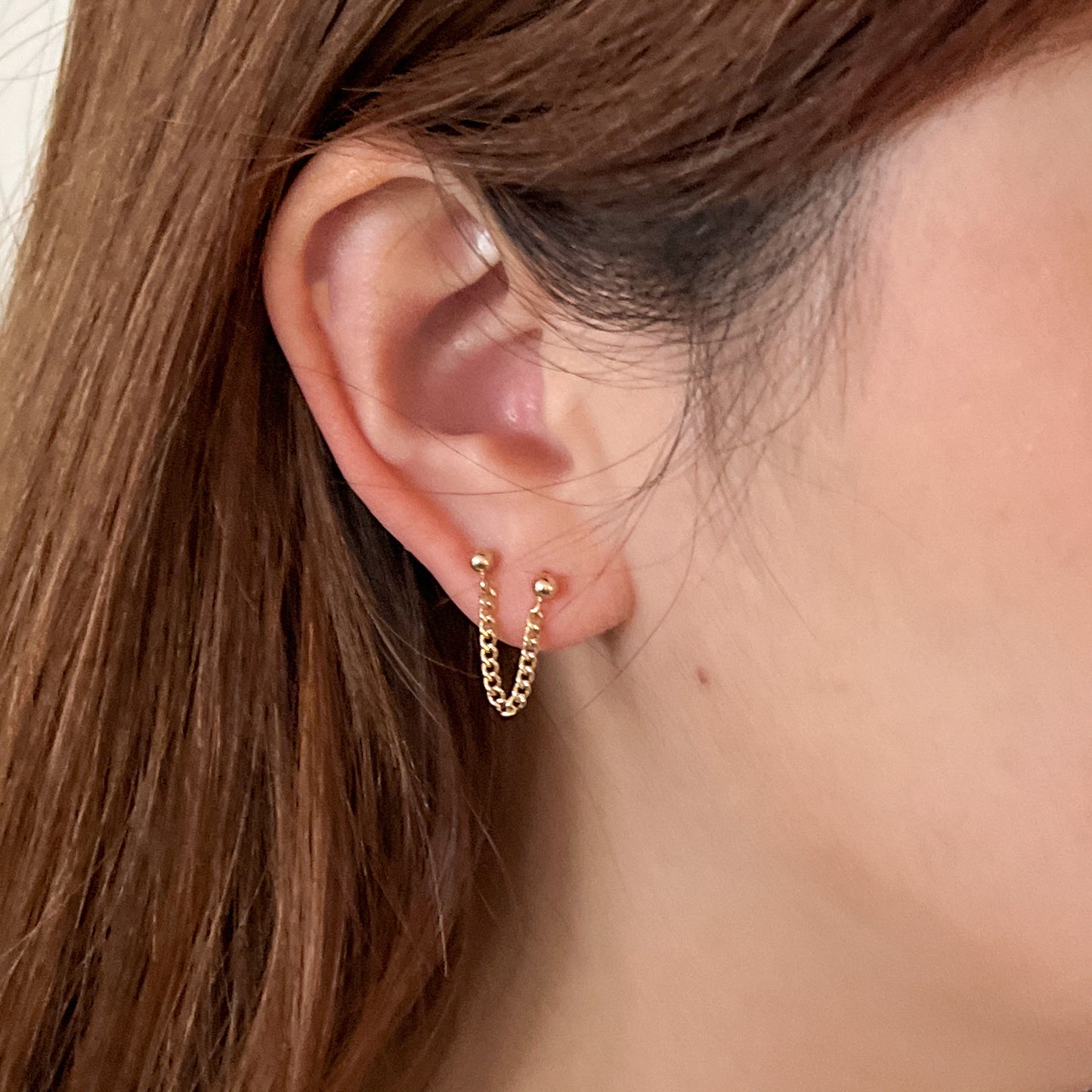 earring for double piercing shown on model in 14k gold filled