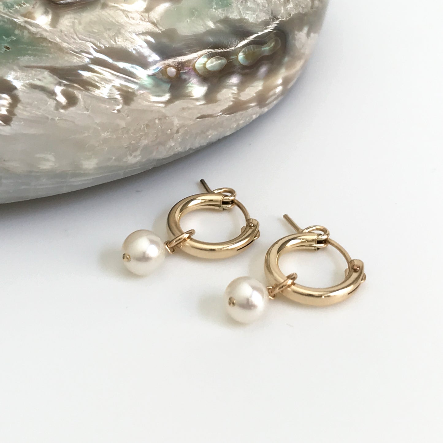 14k gold filled pearl hoop earrings from Lucia collection