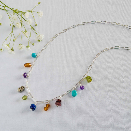 Colorful Multi-Gemstone Charm Necklace