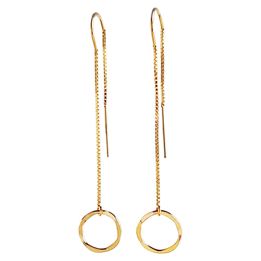 14k gold filled long dangle threader earrings with small (10mm) gold hammered ring in front.  Length is 2 inches in the front and 1.5 inches in the back