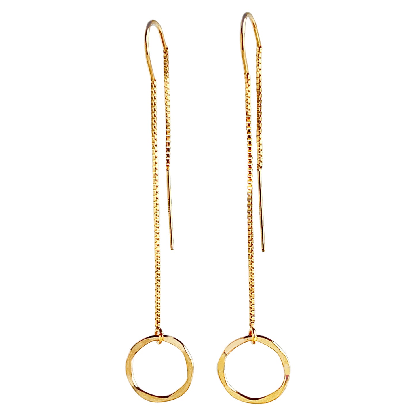 14k gold filled long dangle threader earrings with small (10mm) gold hammered ring in front.  Length is 2 inches in the front and 1.5 inches in the back