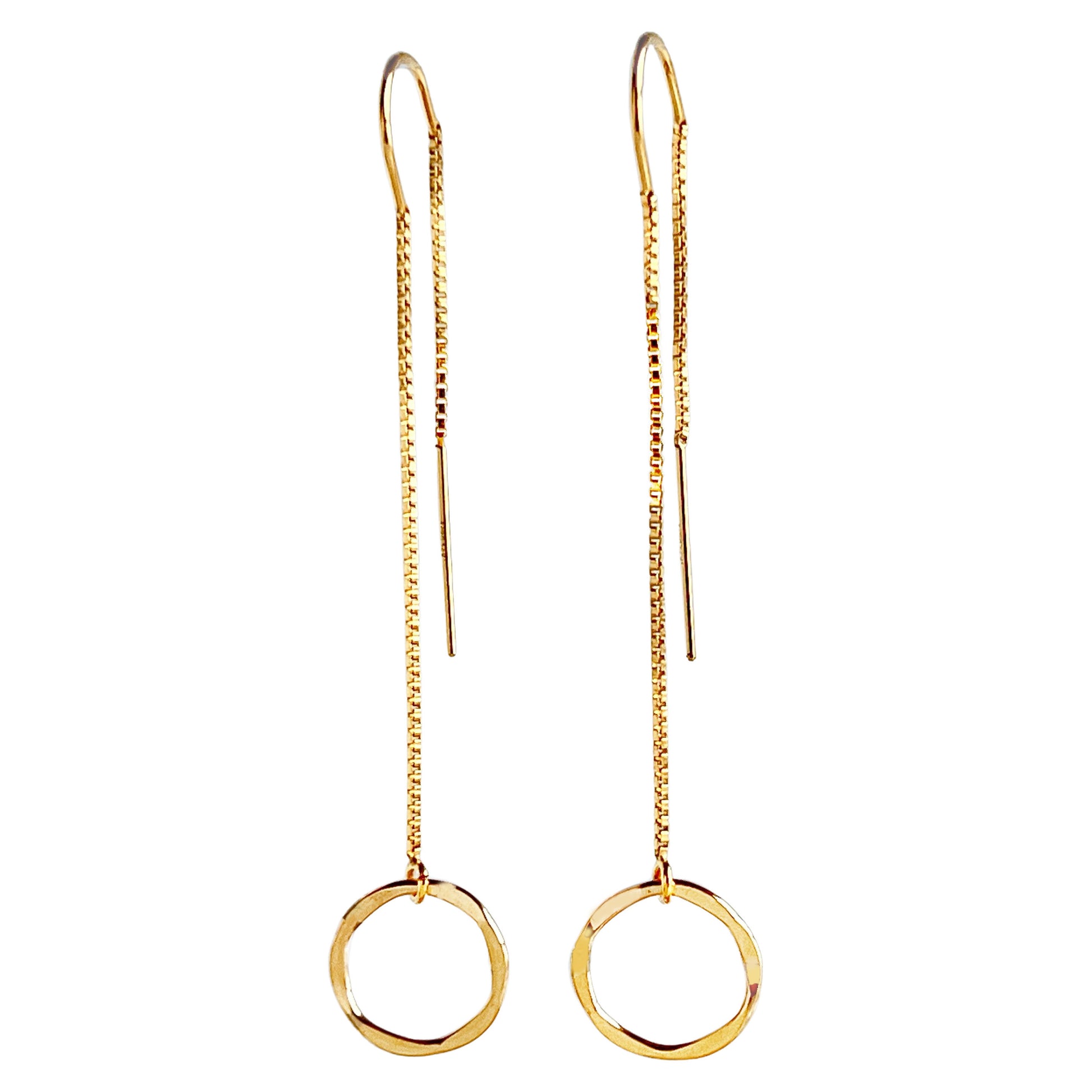14k gold filled long dangle threader earrings with small (10mm) gold hammered ring in front.  Length is 2 inches in the front and 1.5 inches in the back
