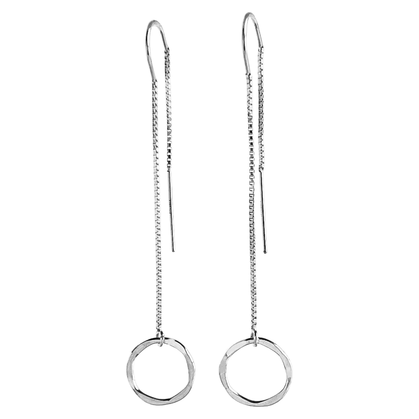 sterling silver threader earring with small hammered ring dangle in front box chain design with secure loop at the top