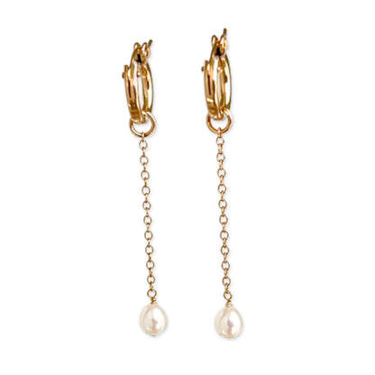 14k gold filled huggie hoops with pearl dangles