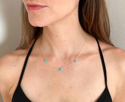 model wearing sleeping beauty turquoise necklace in 14k gold filled