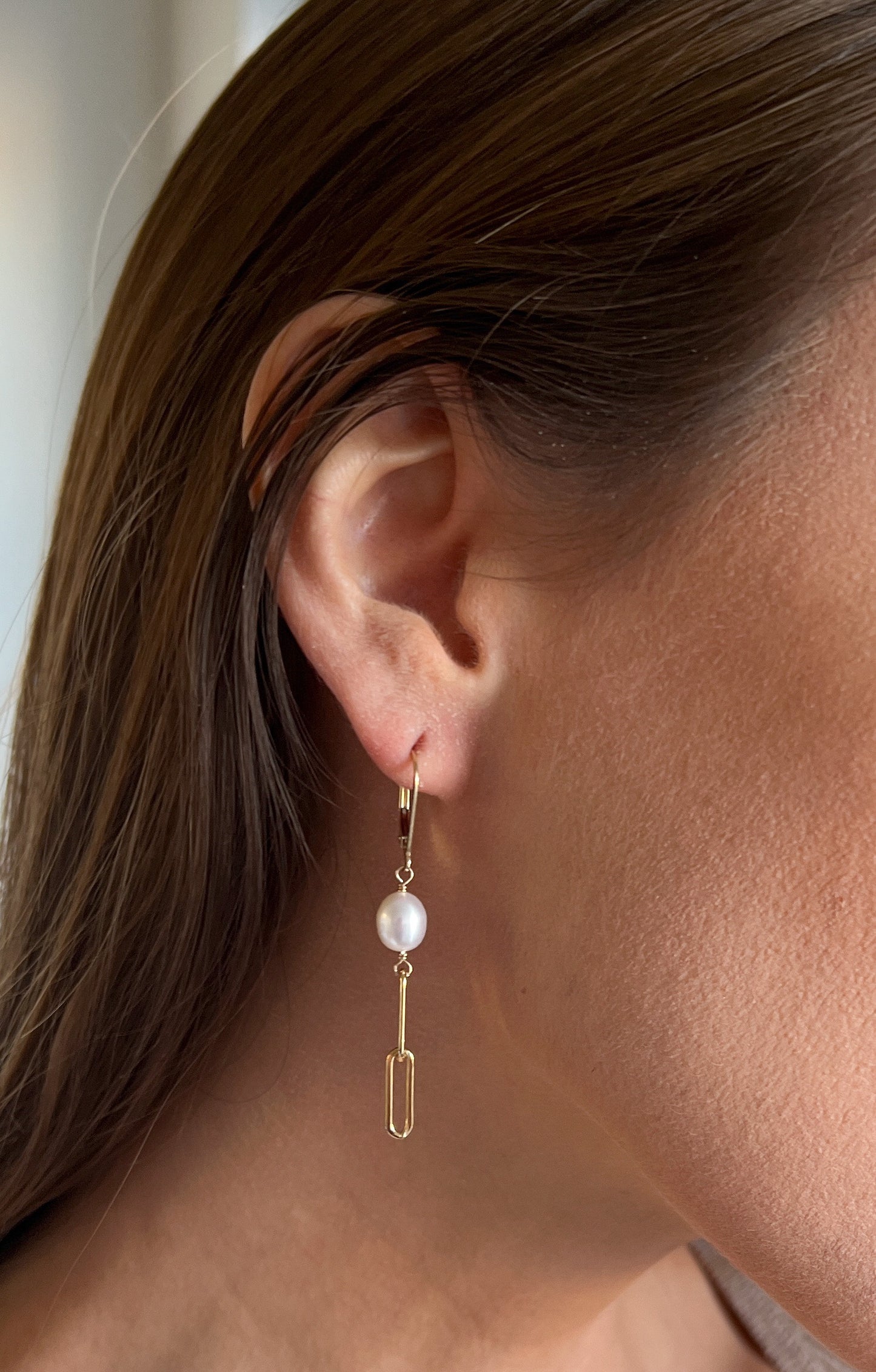 Leverback Pearl Earrings with Paperclip Chain