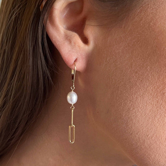 Leverback Pearl Earrings with Paperclip Chain