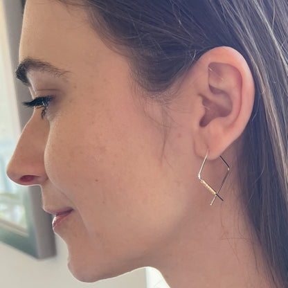 Sterling silver square hoop earrings with gold wire wrapping