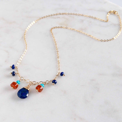 lapis lazuli necklace with turquoise and carnelian stones on 14k gold filled chain