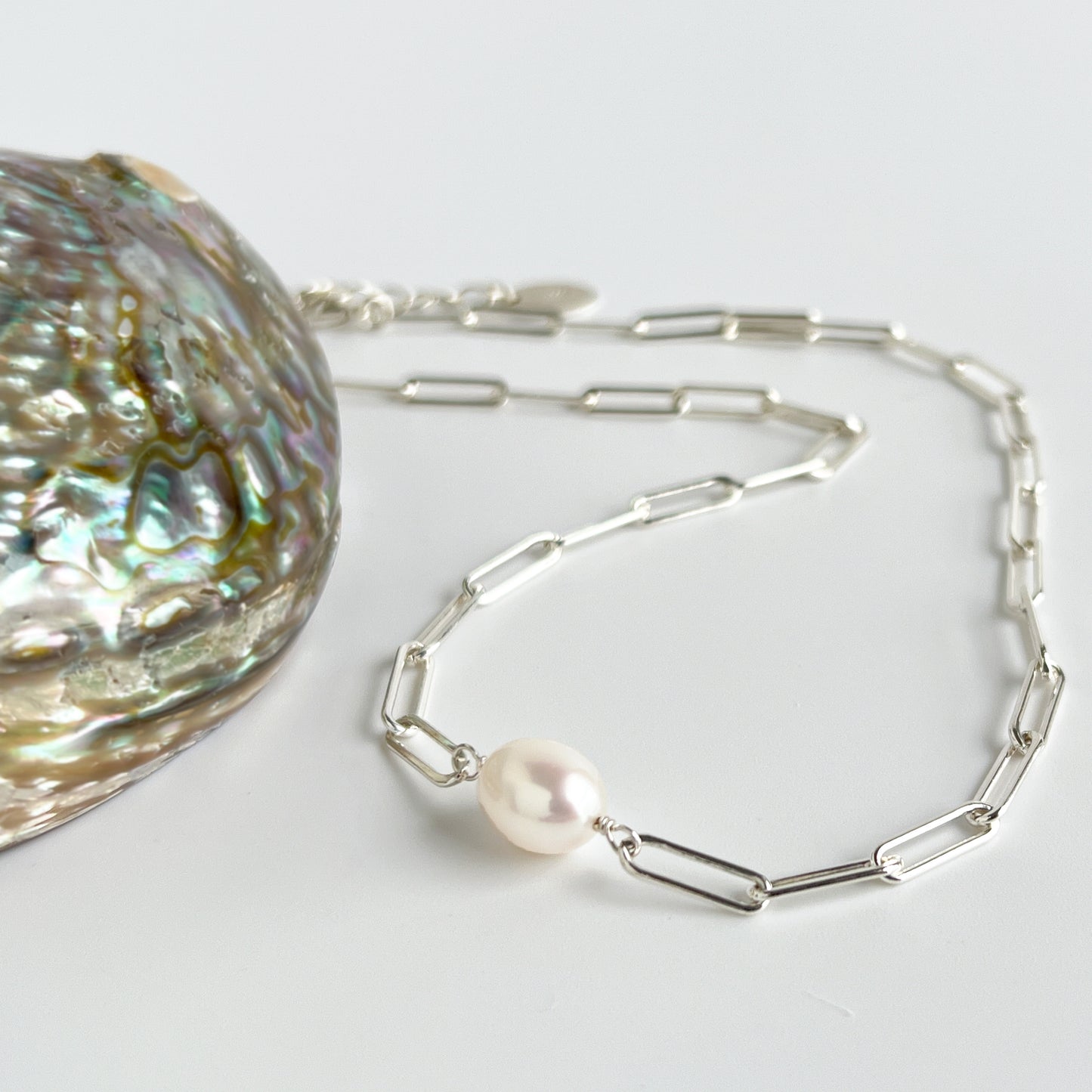 Paper Clip Chain Necklace with Freshwater Pearl