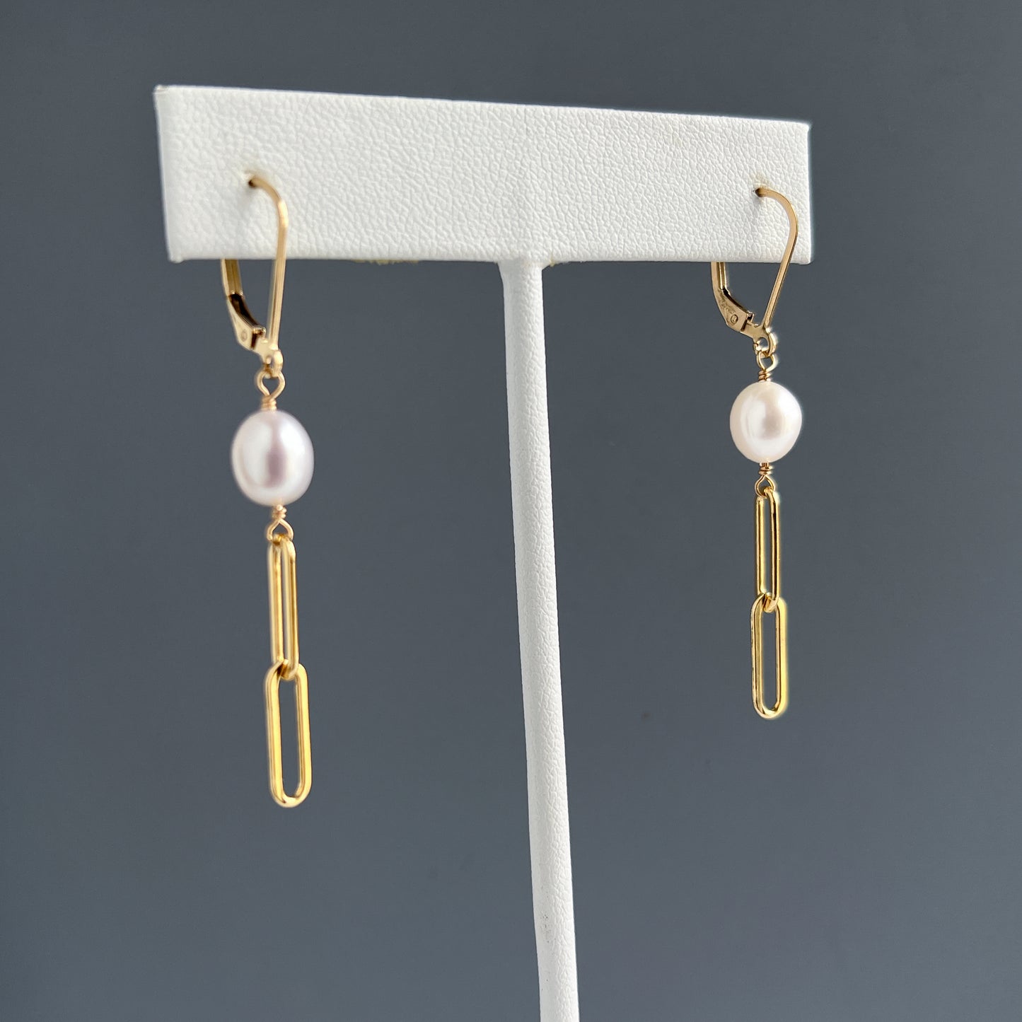 Leverback Pearl Earrings with Paperclip Chain