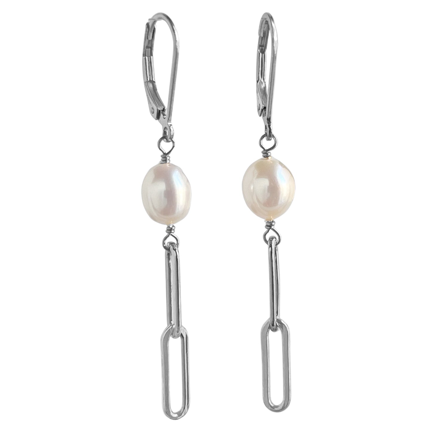 Leverback Pearl Earrings with Paperclip Chain