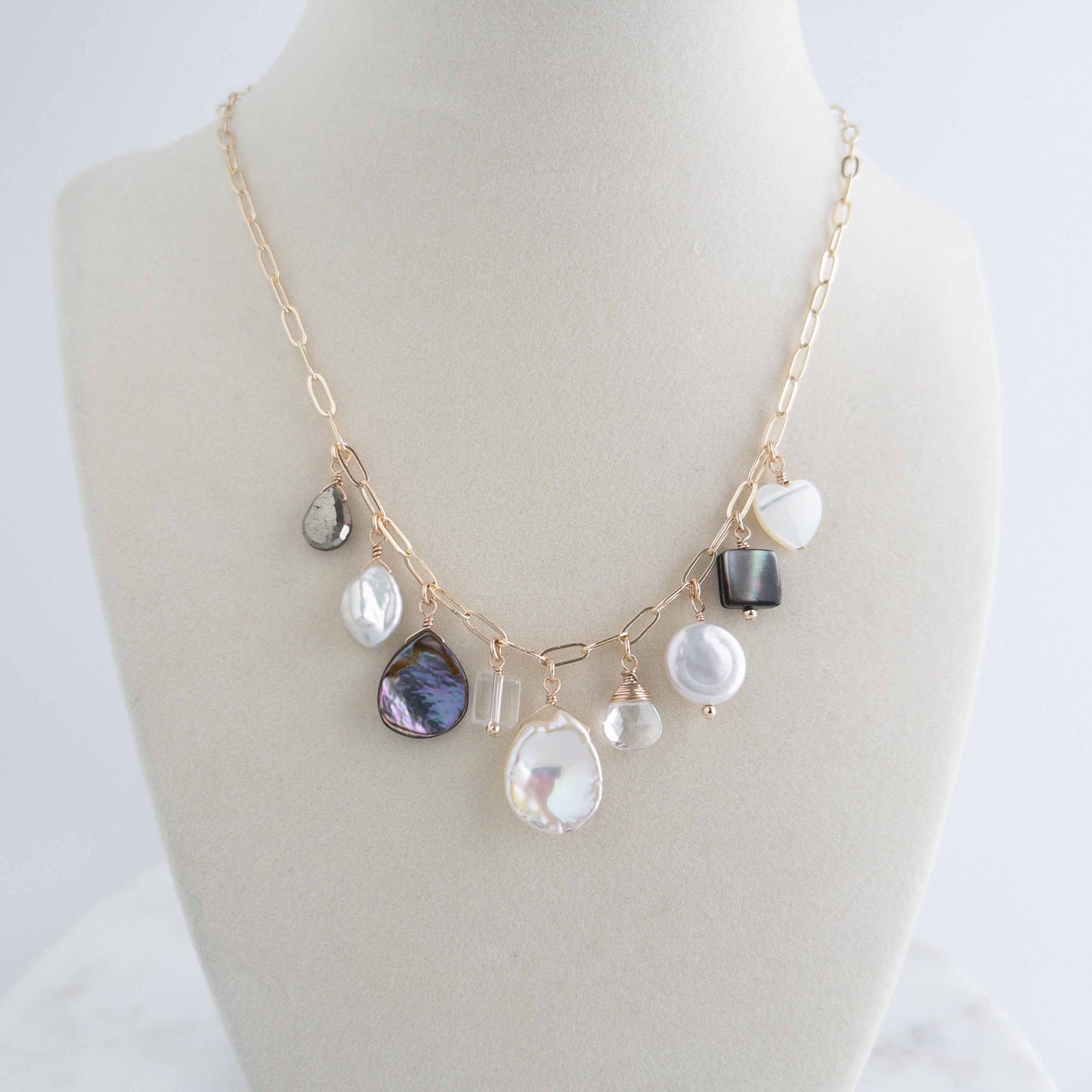 Multi Charm Necklace - Pearl Crystal Statement Necklace