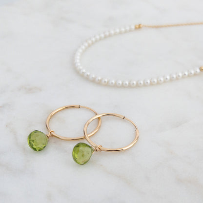 gold 20mm hoops with peridot gemstones