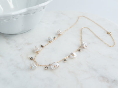 keshi necklace on marble in 14k gold filled chain