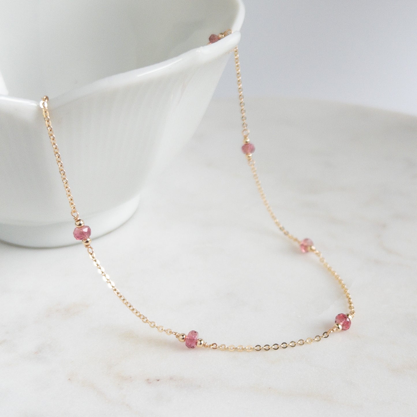 Pink Tourmaline Station Necklace | October Birthstone