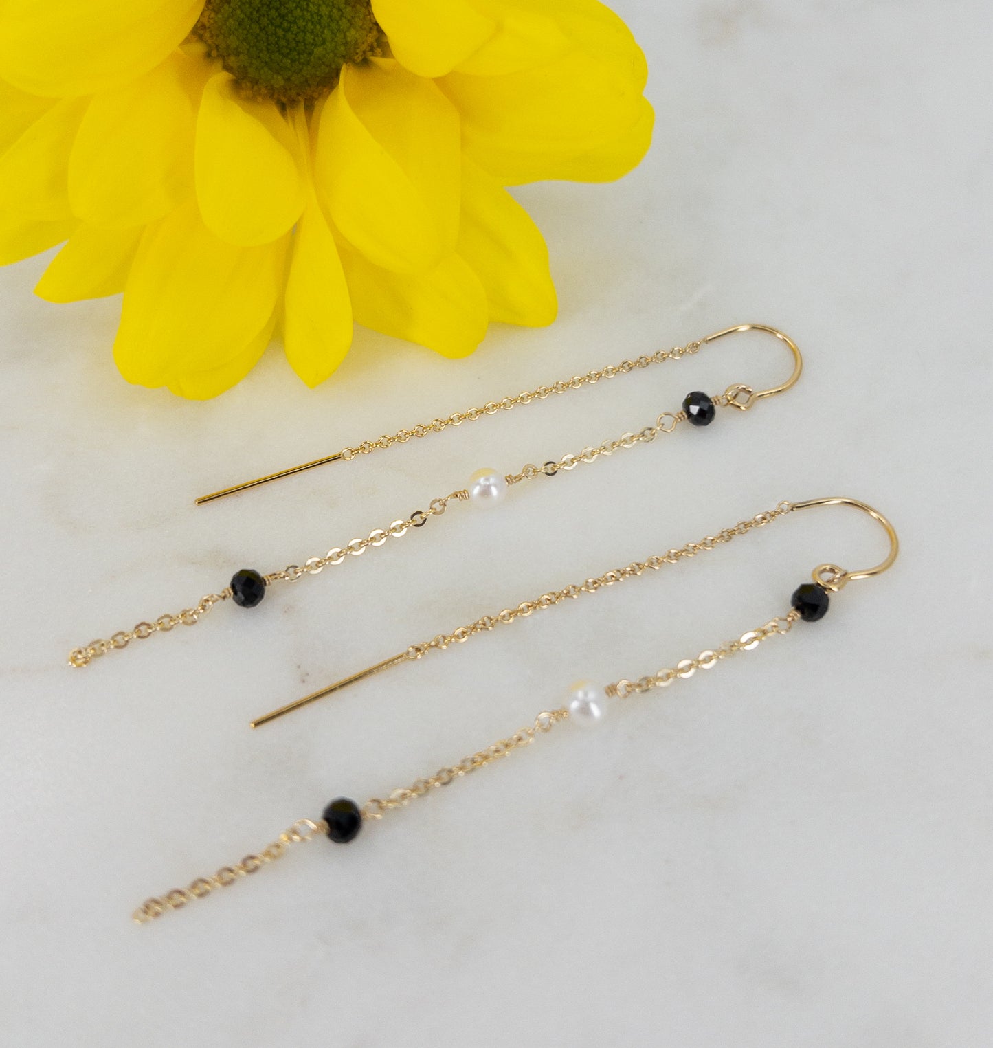 Black Spinel and Pearl Threader Earrings