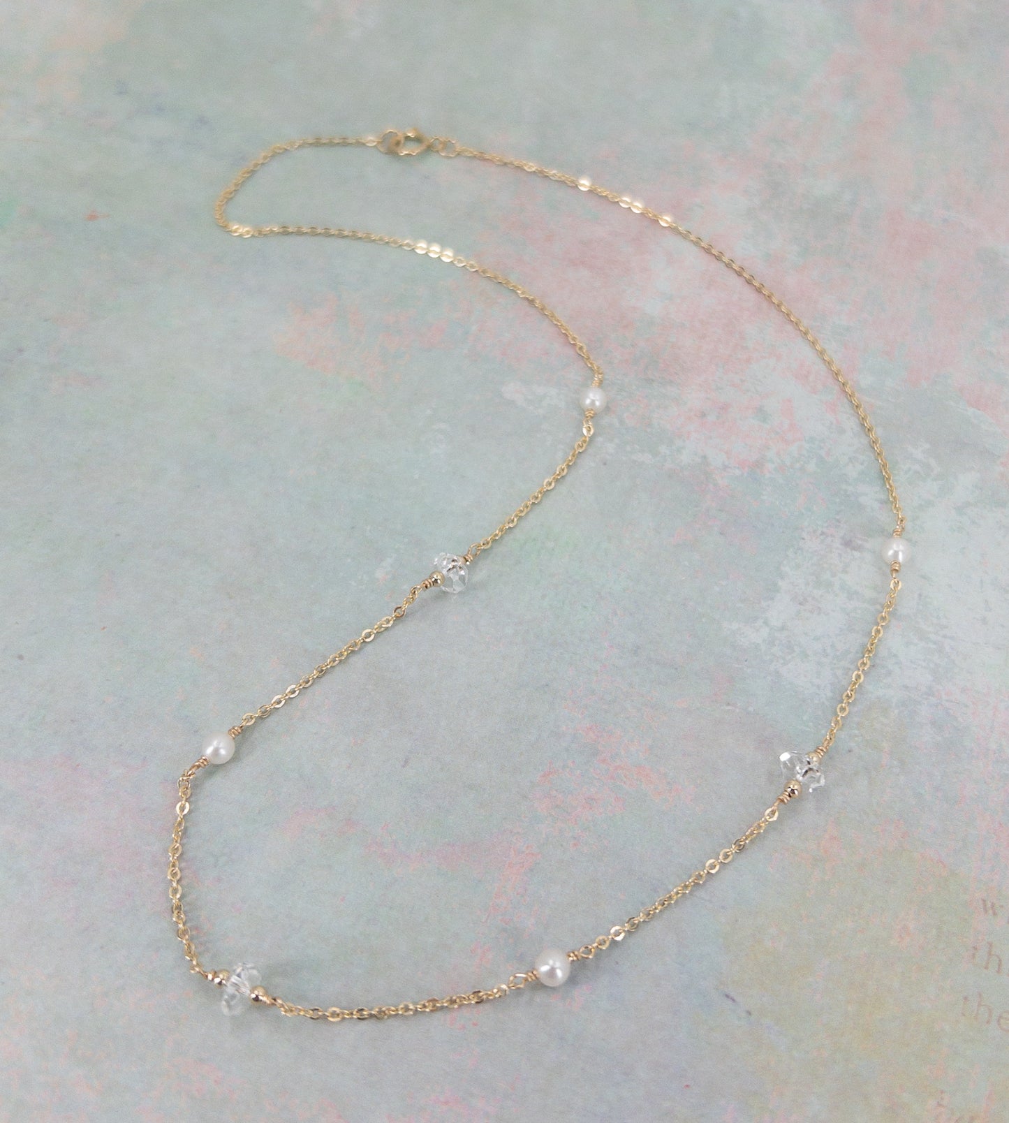 Herkimer Diamond and Pearl Station Necklace