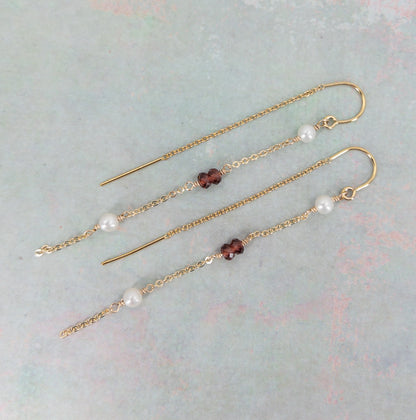 Gold Garnet and Pearl Threader Earrings