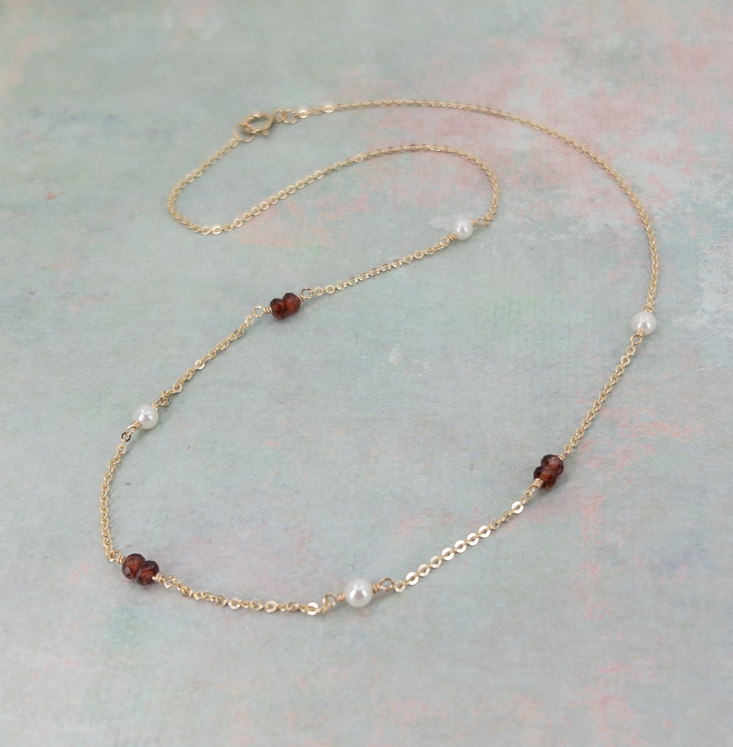 Garnet and Pearl Station Necklace