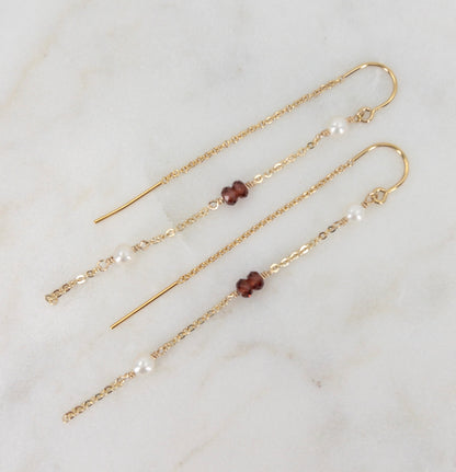 Garnet and Pearl Threader Earrings